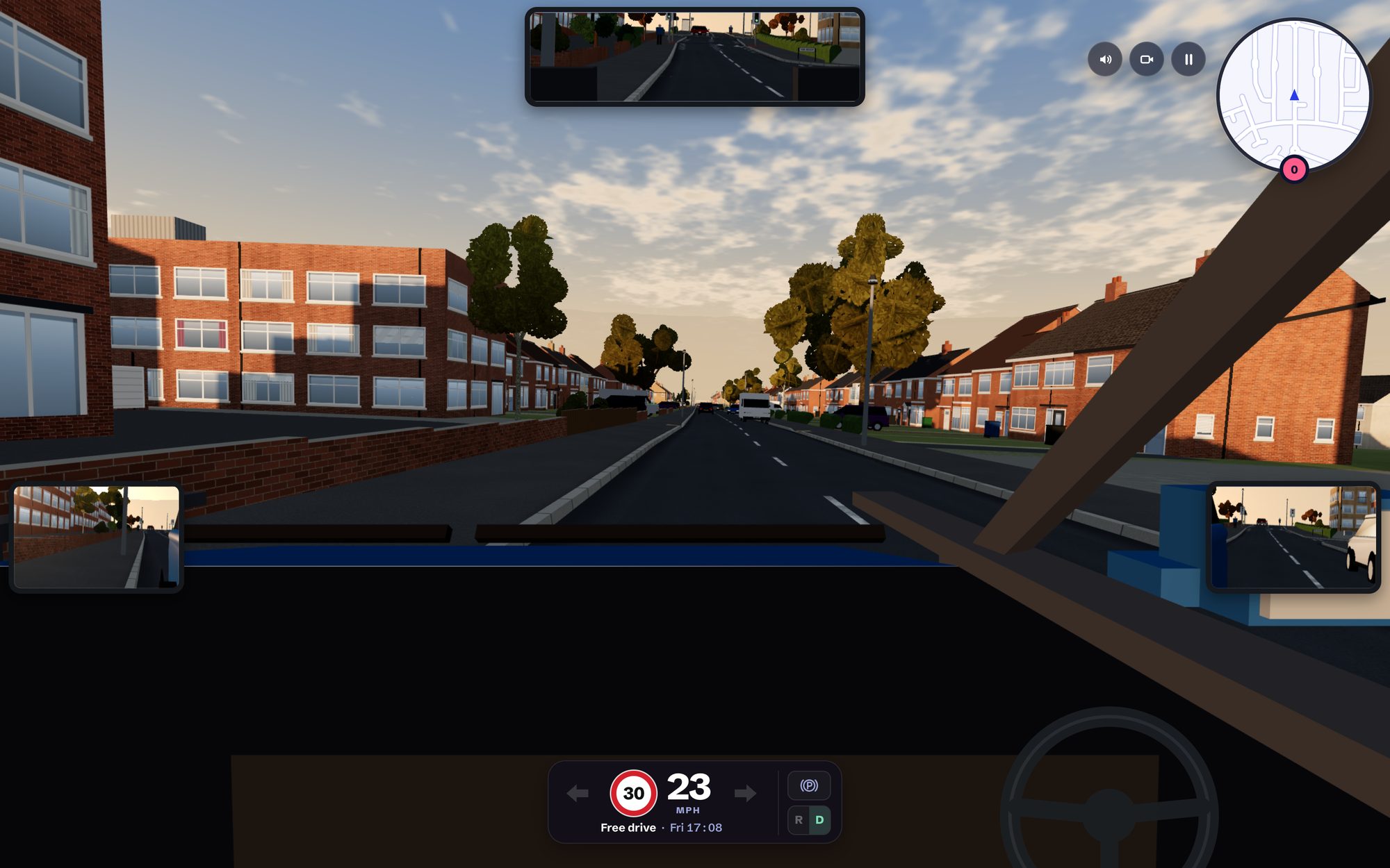 In the game: the view from the driver's seat, with the interior mirror at the top, both door mirrors and the speed