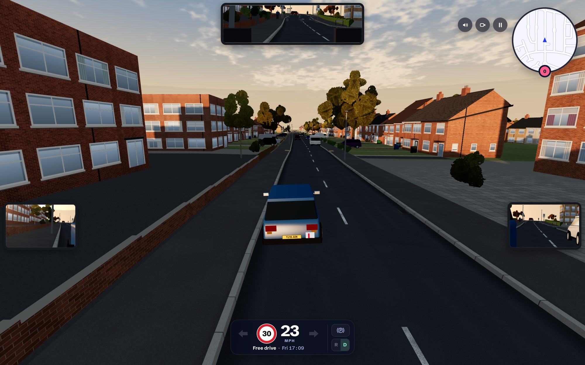 The game in a browser: a learner car from behind on a street of red-brick houses at sunset, with the interior and door mirrors, a map, and the speed, 23 mph in a 30 limit