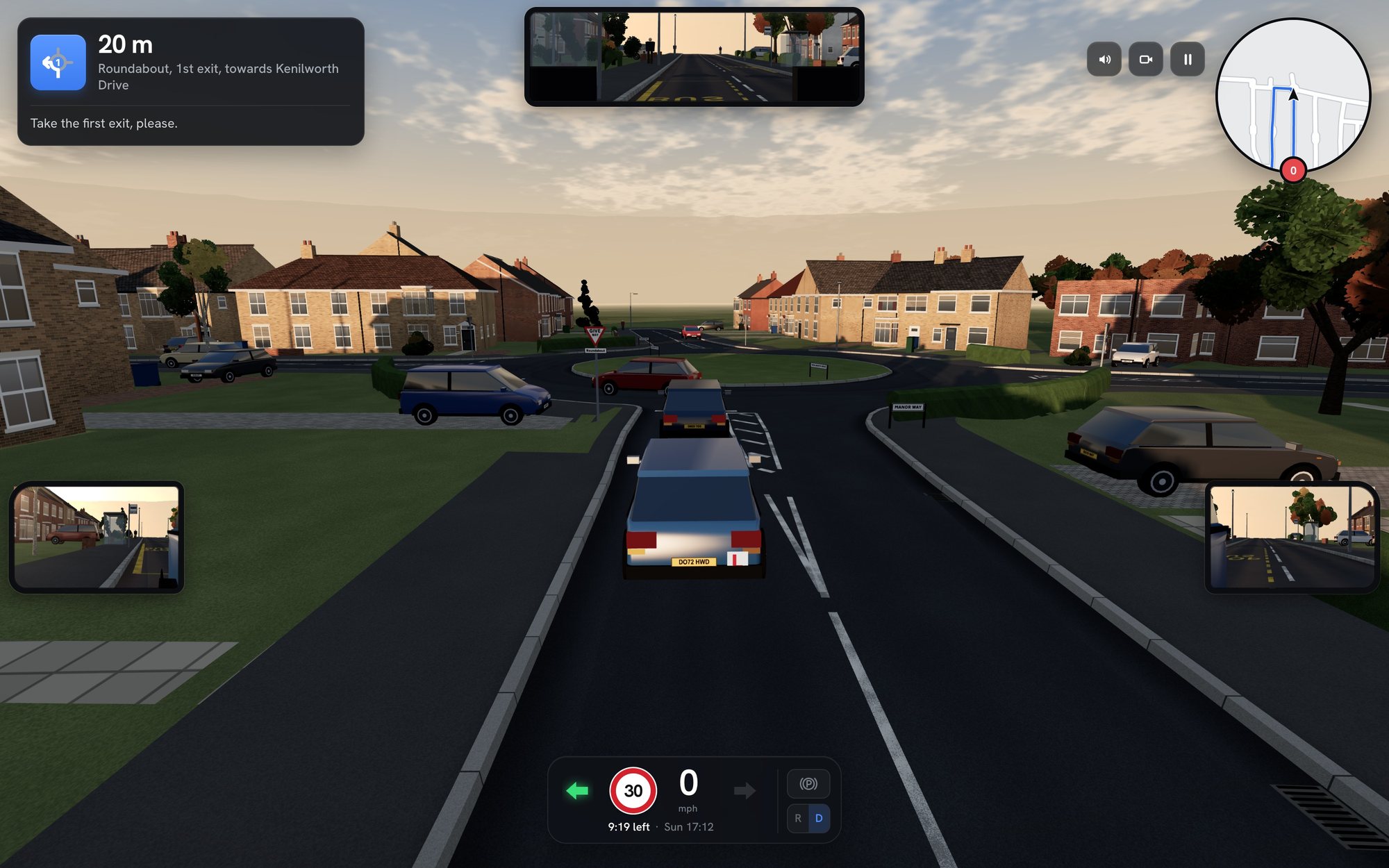 In the game, the learner car queues for a roundabout on a street of brick houses at sunset, signalling left, while the examiner's card says: Roundabout, 1st exit, towards Kenilworth Drive. Take the first exit, please.