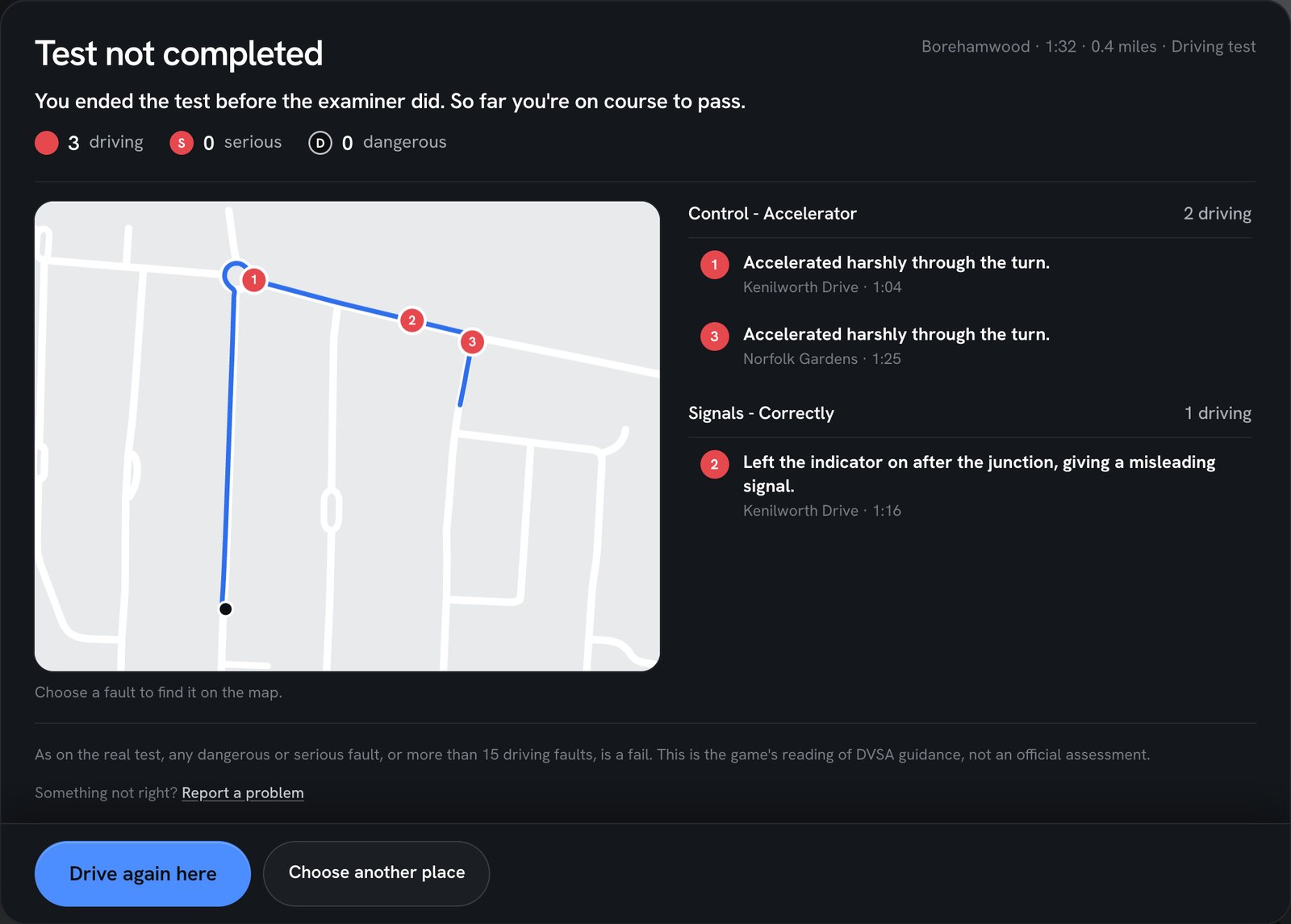 The game's result screen after a drive in Borehamwood: on course to pass, with 3 driving faults listed under their competencies and numbered on a map of the route through a roundabout